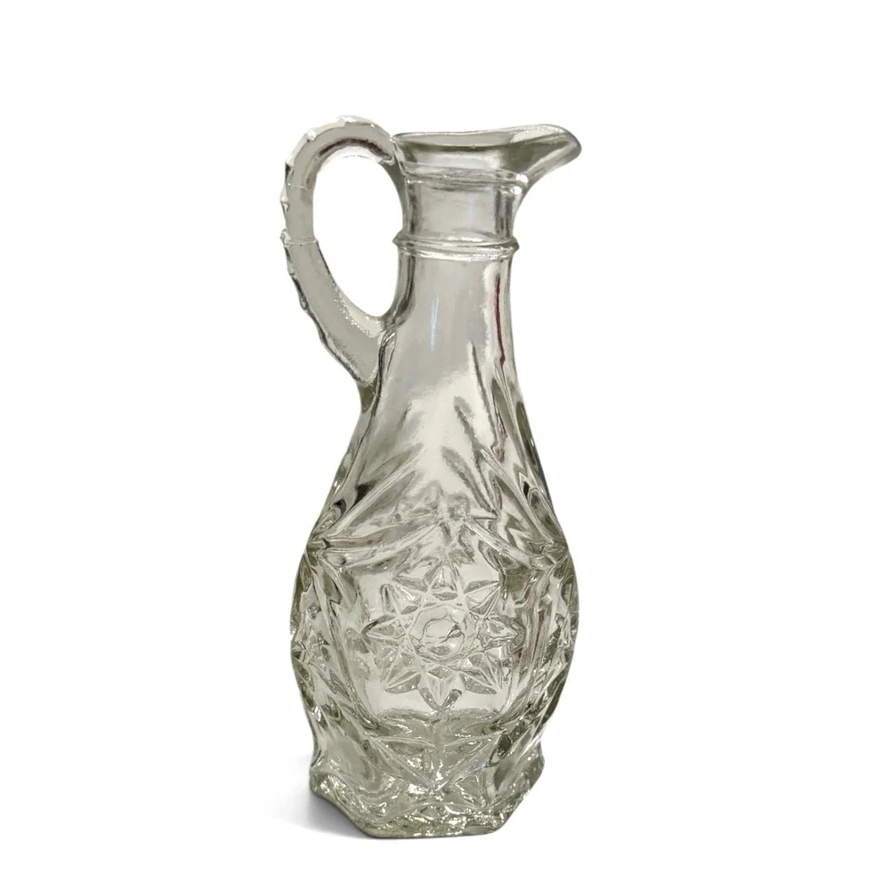 Vintage Clear Pressed Glass Starburst Diamond Cruet Bottle with Handle 6.25